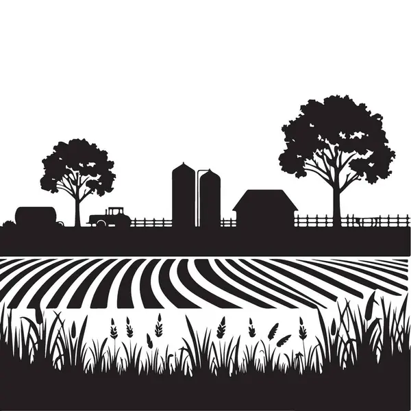 Saha ve Binalar Vektörlü Serene Çiftlik Manzarası Silueti