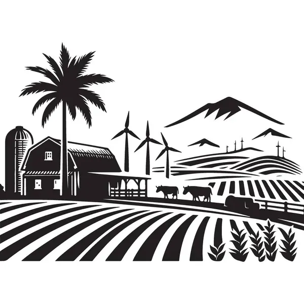 Ahır Yel Değirmenleri ve Tarlaları Taşra Vektörü olan İdilik Çiftlik Sahnesi