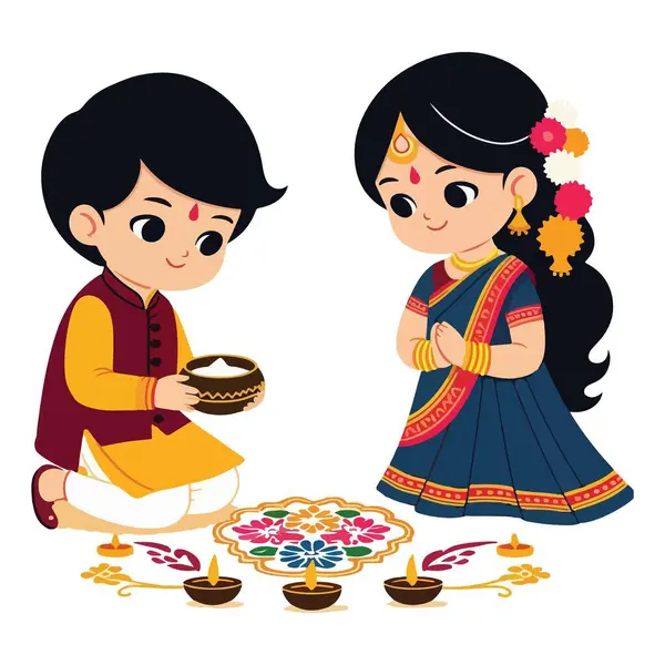 Diwali Kutlaması İçin Rangoli Sanatı Yapan Sevimli Hintli Çocuklar