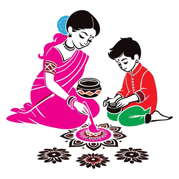 Siluet Anne ve Çocuk Rangoli Sanatını Birlikte Yaratıyorlar Tasarım