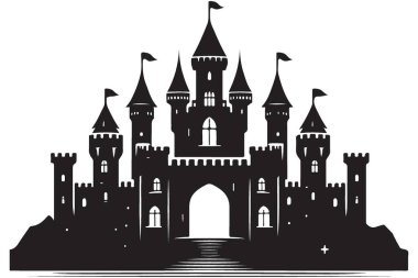Görkemli Kale Siluet Vektörü, Peri Masalı Krallığı Tarihi Çizimler