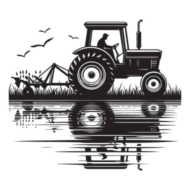Yansıma Vektörü Silueti Tarımsal İllüstrasyonunda Traktör Çiftçiliği