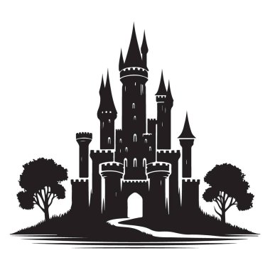 Peri Masalı Manzarası Çizimleri için Fantezi Kalesi Siluet Vektörü