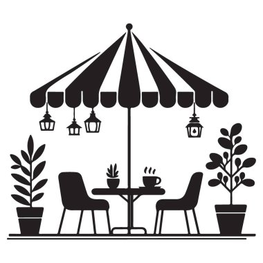 Açık kafe veranda şemsiye sahne vektör silueti illüstrasyonu