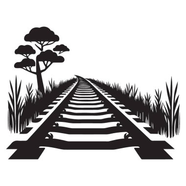 Ağaç Vektörü Manzarası Çizimi ile Manzaralı Demiryolu Parkuru Silueti