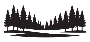 Nehir Manzarası Çizimi ile Sahne Çam Ormanı Siluet Vektörü