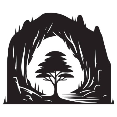 Ağaç Silueti ile Mağara Girişi Macera Tasarımları için Siyah Vektör