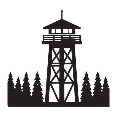 Çam Ormanı Sahnesi ile çevrili Ateş Gözcüsü Kulesi Silueti