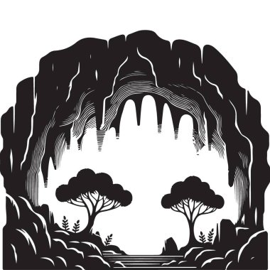 Mağara Girişi Siluet Resimleri Ağaçlar ve Sarkıtlar Manzarası
