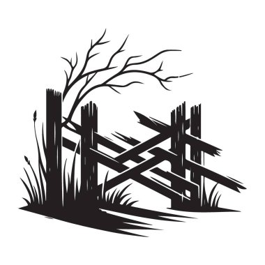 Yıpranmış Ahşap Çit Siluet Vektör Sanatı ve Çıplak Ağaç Dalları