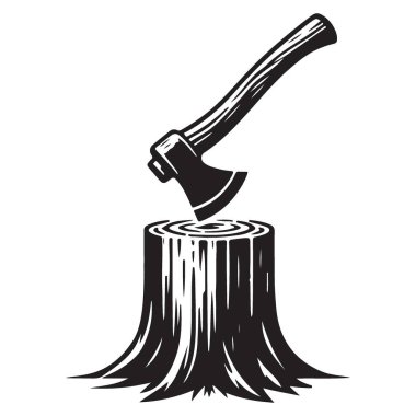 Stump Siluet Vektör İllüstrasyonunda Balta Tahta Kesme ve Ormancılık