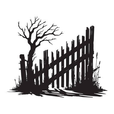 Bahçe için Ağaç İllüstrasyonlu Ahşap Çit Silueti