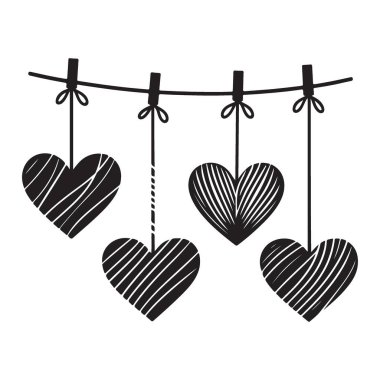 Asılı Aşk Kalpleri Dekorasyonları Siluet Vektör İllüstrasyon Tasarımı