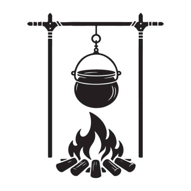 Kamp ateşi, üç ayaklı siluet ve alevlerin üzerinde esrar.