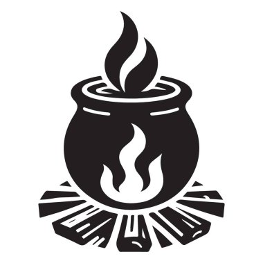 Kamp Ateşi Kara Siluet Kazanı Ahşap Resim Çizimi