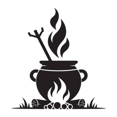 Sihirli Hikayeler İçin Kazan ve Kamp Ateşi Kara Siluet İllüstrasyonu