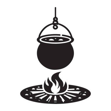 Siyah Siluet Pişiren Kazan Kamp Ateşi Resimlerine Askıya Alındı