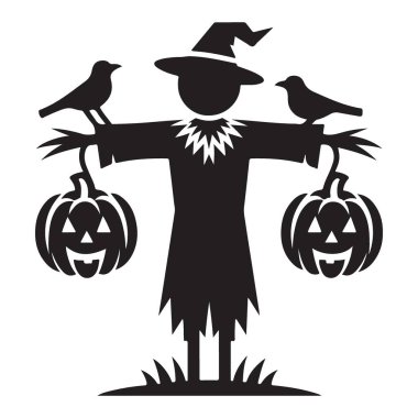 Cadılar Bayramı Korkuluğu Silueti Görüntü: Kabaklar ve Kargalar Vektörü