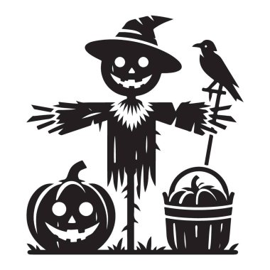 Balkabağı Sepeti ve Karga 'yla Festivalsel Korkuluk Görüntü