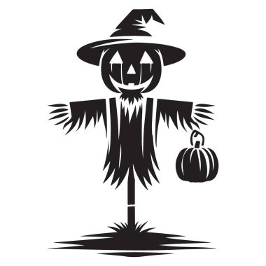 Cadılar Bayramı için Balkabağı Silueti Vektör İllüstrasyonlu Ürkütücü Korkuluk