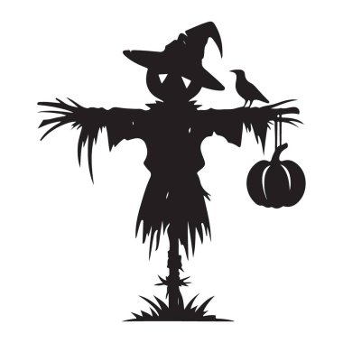 Cadılar Bayramı Tasarımları İçin Karga Kabağı ile Korkuluk Silueti Çizimi