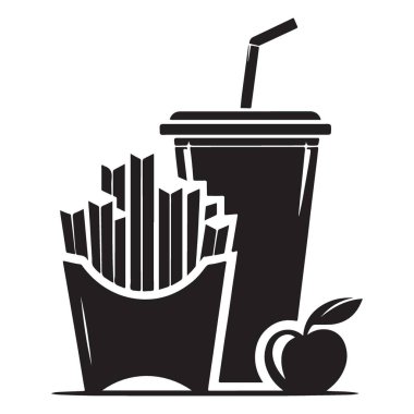 Patates kızartması, soda ve elma içeren dengeli yemek vektörü çizimi