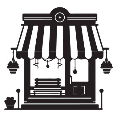 Çizgili tente ve bank ile çekici vitrin vektör illüstrasyonu