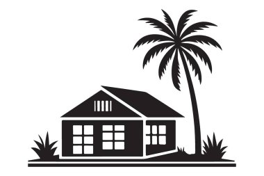 Tropikal Plaj Evi Siluet Klip Sanatı ve Palmiye ağacı Tasarımı