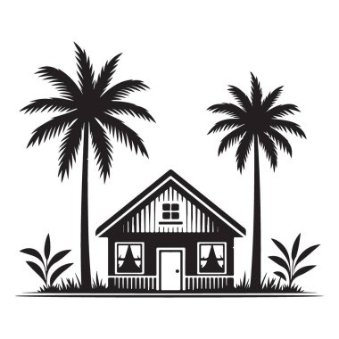 Plajdaki Siluet Evi Palm Trees İdeal Tropikal Tasarım