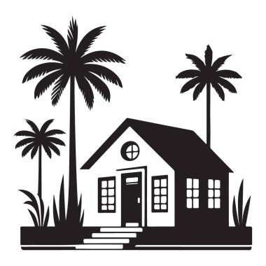 Palm Trees Vektör Sanat İllüstrasyonlu Siyah Siluet Tropikal Ev