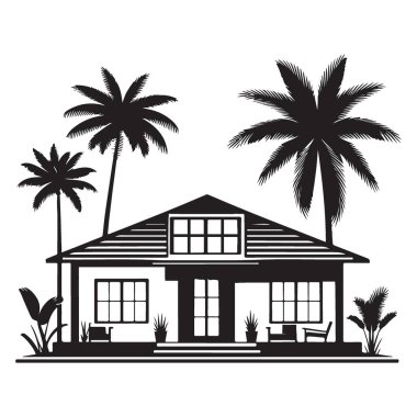 Plaj Evi Çizimi Siluet Vektörü Palmiye Ağaçları Tatil Kiralama