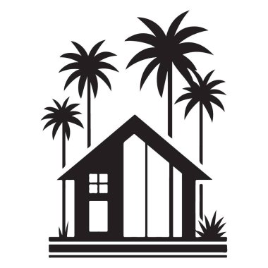 Siyah Siluet Minimalist Palmiye Ağaçları Vektör İllüstrasyonlu Modern Ev