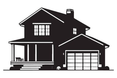 Garajlı İki Hikaye Siyah Siluet Vektör İllüstrasyonu