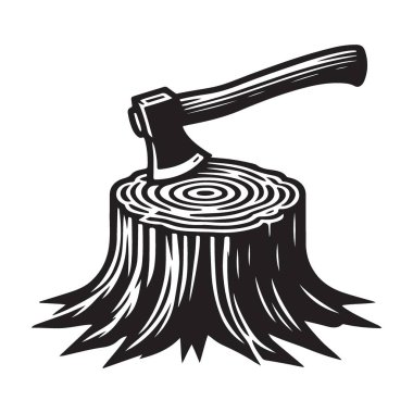 Bir Ağaç Damgasındaki Balta Siyah Siluet Vektör Çizim Tasarımı