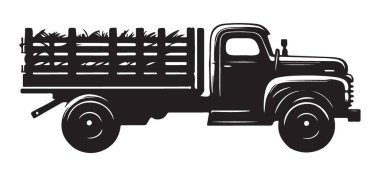 Saman Vektörü İllüstrasyonuyla Dolu Vintage Çiftlik Tırı Silueti