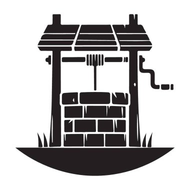 Geleneksel Su Kuyusu Siluet Vektör İllüstrasyon Vintage Kırsal Tasarım