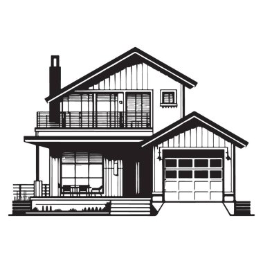 Garaj Resimli İki Hikaye Evi Siyah ve Beyaz Vektör