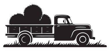Hay Bales Çiftlik Hayatı ile Vintage Truck Siluet Vektör İllüstrasyonu