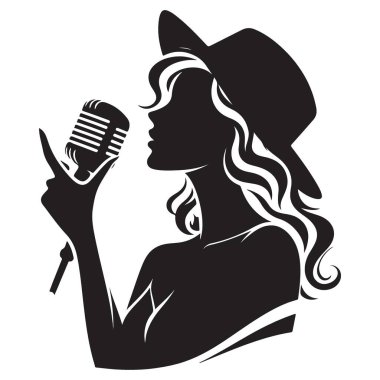Retro Mikrofon Vektör İllüstrasyonlu Şarkı Söyleyen Kadın Silueti