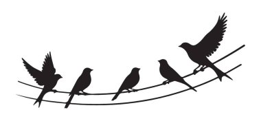 Bir Tel Vektör İllüstrasyon Tasarım ve Dekorasyonu Üzerinde Siluet Kuşlar