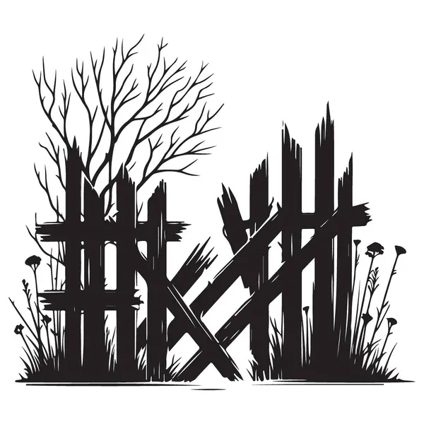 Çıplak Ağaç Resimleriyle Ürkütücü Kırık Çit Silueti