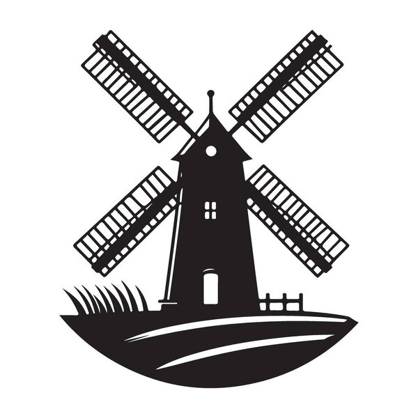 Black and White Windmill Illustration Silhouette Vector Image Template