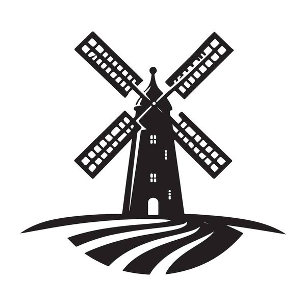 Vintage Windmill Silhouette in a Field Vector Art Graphic