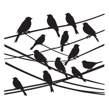 Kablolarda Birçok Kuş Siluet Vektör Sanat İllüstrasyonu