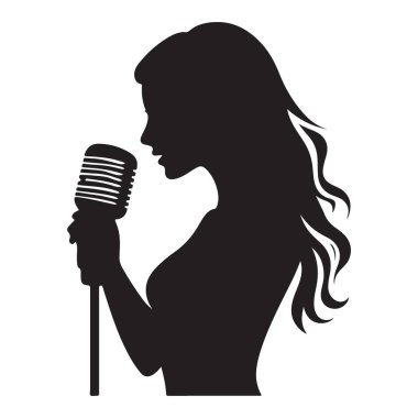 Kadın Şarkıcı Siyah Siluet Vintage Mikrofon Vektörüne Şarkı Söylüyor