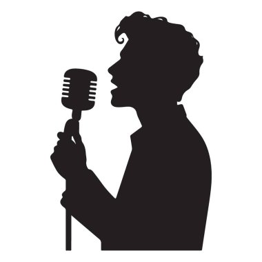 Klasik Mikrofon Vektör Sanatı Siyah Siluet Tasarımı ile Erkek Şarkıcı