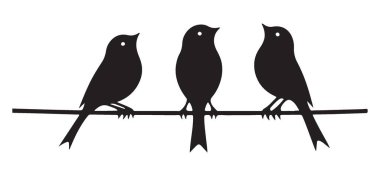 Minimalist bir silüetin üzerine tünemiş üç kuş.