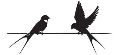 Kablo siluet vektör illüstrasyonunda kırlangıçlar uçuyor ve tünemiş