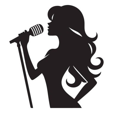 Mikrofon çizim sanatını elinde tutan zarif kadın şarkıcının silueti.