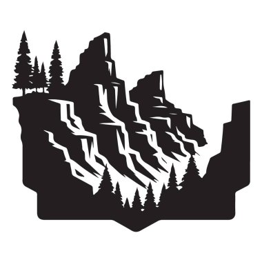 Dağlar, uçurumlar ve Çam Ağaçları Vektörü ile engebeli Siluet Manzarası